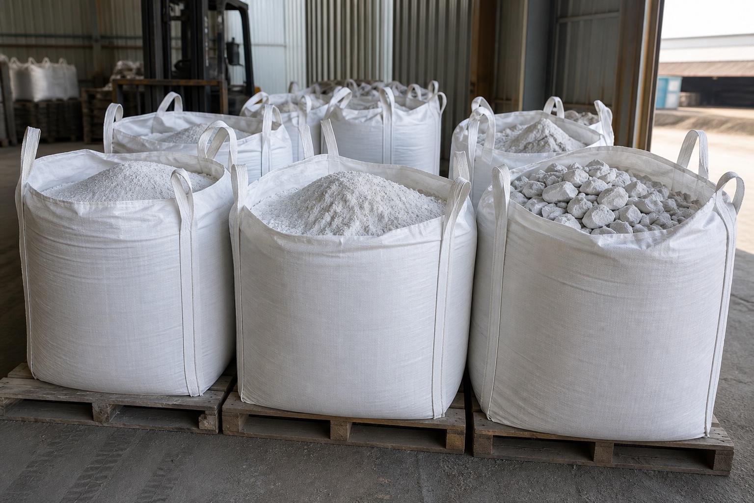 Bulk bags with pale industrial mineral material in a warehouse